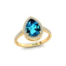 Natural London Blue Topaz Gemstone Halo Ring 14k Yellow Gold Jewelry For Girls