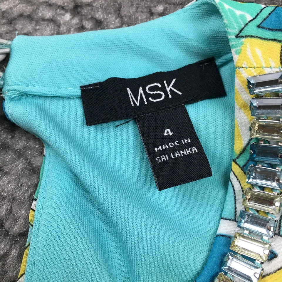 MSK женщин макси платье Sz 4 синий геометрический украшенный с бретелью через шею новый без ЯРЛЫКОВ - Изображение 4 из 4