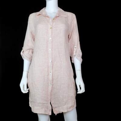 Scandal Italy 100% Linen Lagenlook Button Down Tunic Shirt Dress With Pockets OS