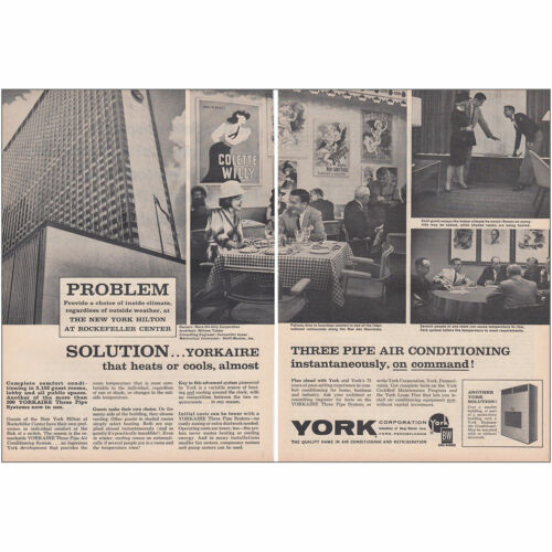 Aire acondicionado York 1963: New York Hilton at Rockefeller anuncio impreso vintage - Imagen 1 de 1