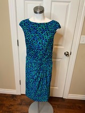 Lauren Ralph Lauren Blue Green Geometric Patterned Sheath Dress Gathered Size 10