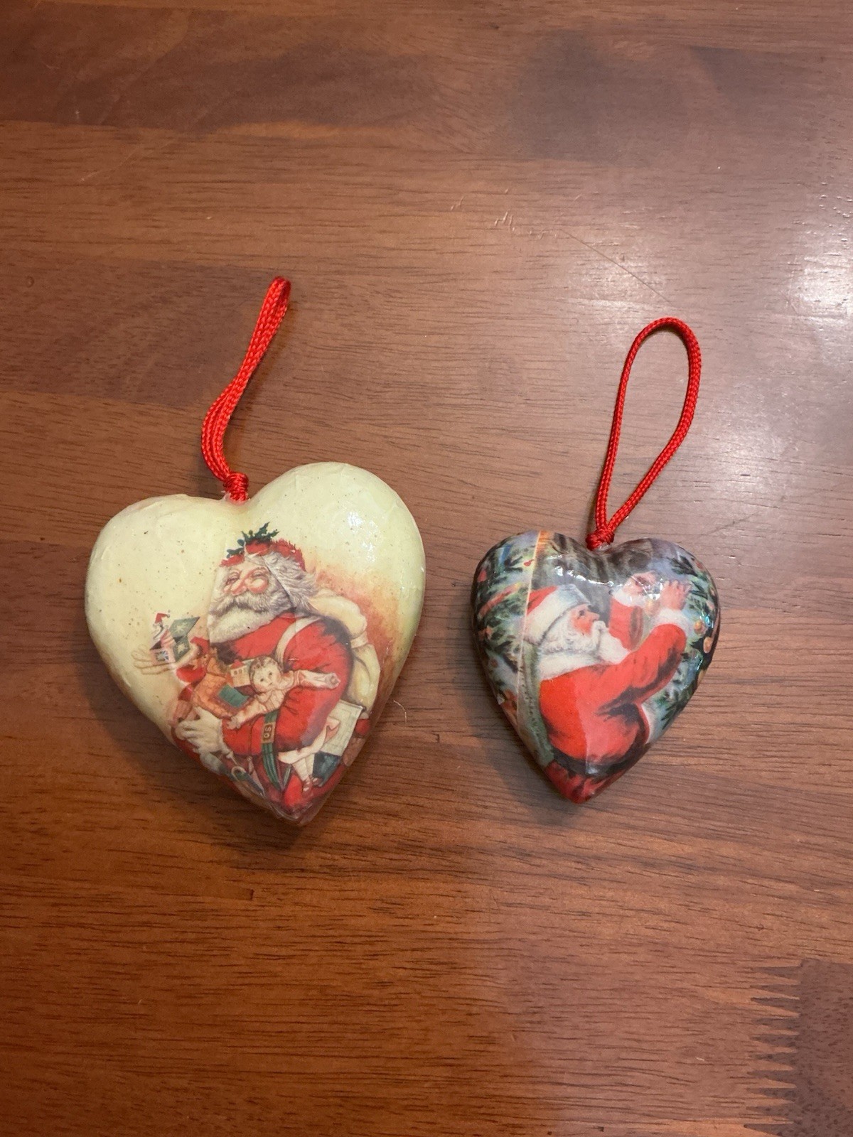 Vintage Paper Mache Heart  Shaped Christmas Ornaments Set Of 2 Santa Claus