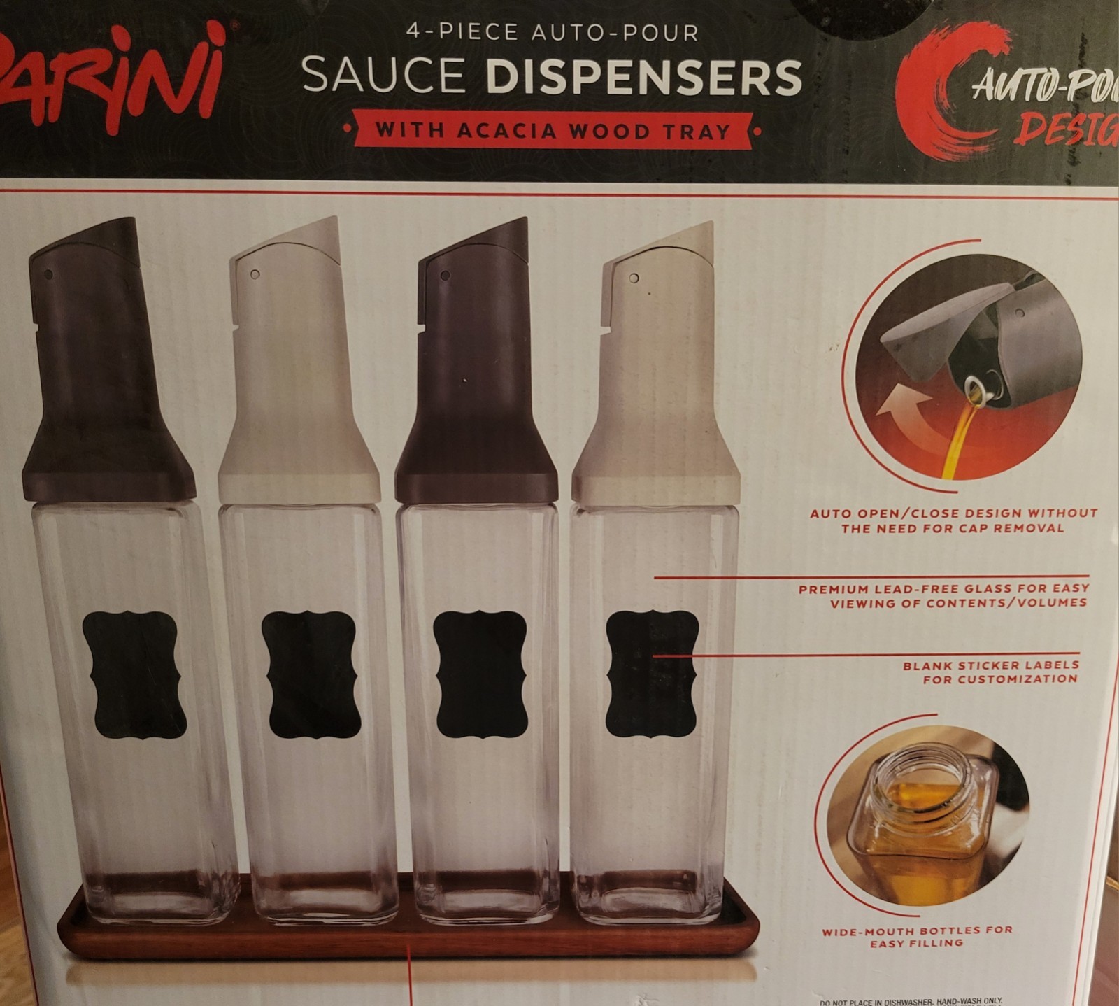Parini Sauce Dispenser Set Of 4 In Wood Caddy