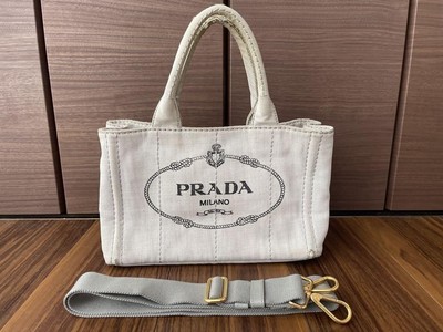 Prada Canapa 2way Tote Bag Schultertasche Denim Hellgrau Damen Gold Logo Plate