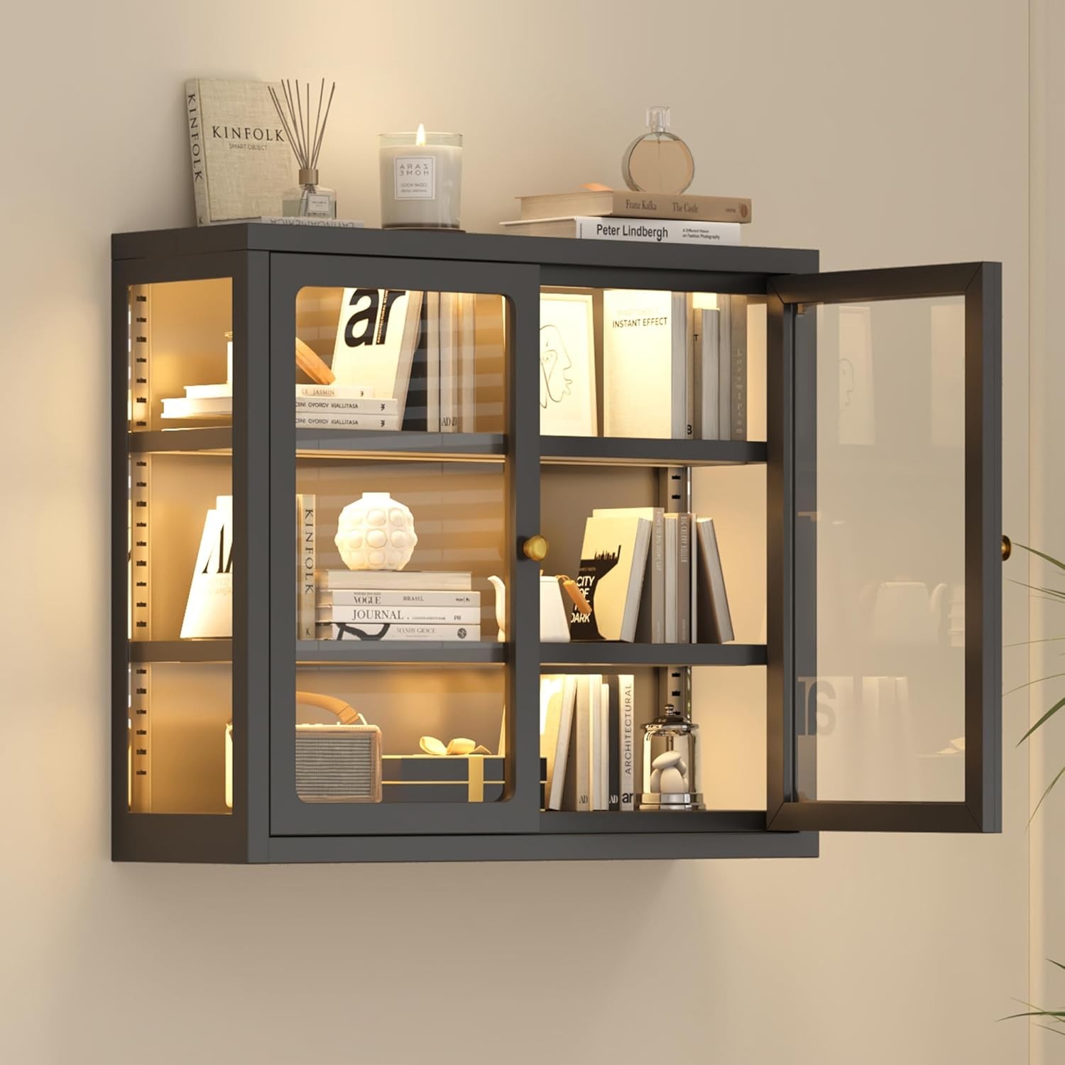 Lighted Wall Mounted Display Cabinet Steel Kitchen Storage Organizer Glass Door