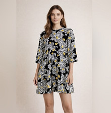 ZARA BASIC Black/White/Yellow Floral A-line Short mini Dress – 3/4 Sleeve Size L