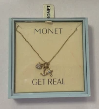Monet Cross, Heart & Anchor Crystal Pendant On Gold Tone Chain In Original Box