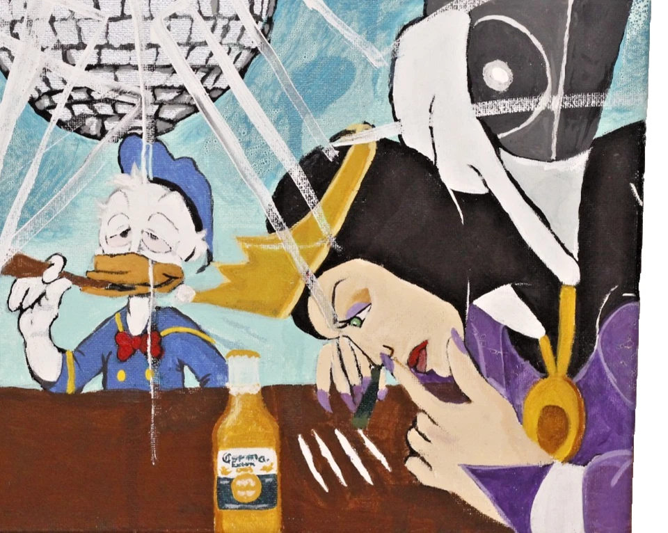 Lienzo de arte pop pintado a mano original - personajes de dibujos animados escena de vida nocturna 16x20 Foto 3 de 3