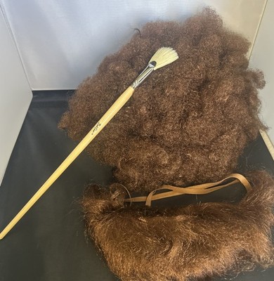 80s Bob Ross Style Wig & Beard Set Afro Wig Brown Beard Set with paint brush 
