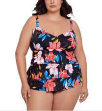 Swim Solutions Plus Size Tiered Floral-Print One Piece Multicolor SIze 18W NWT