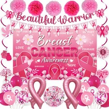 Crenics Pink Breast Cancer Awareness Decorations with Backdrop, Banner  Hang...