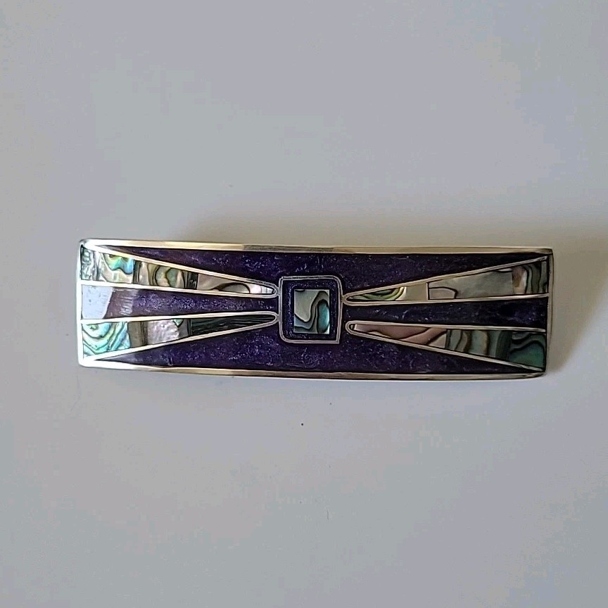 Vintage Silver Abalone Inlay Rectangular Hair Cli… - image 2