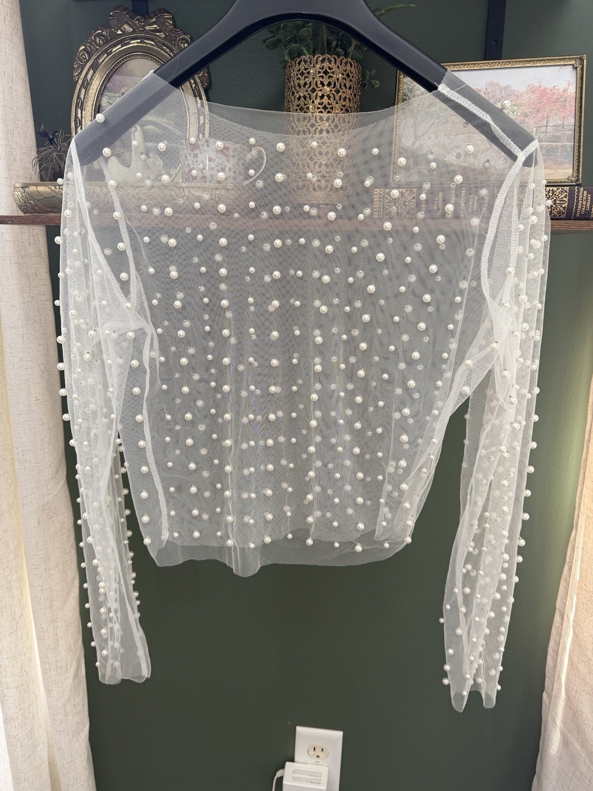 Women's Pearl Rhinestone Sheer Mesh Top