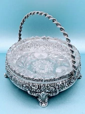 Victorian Meriden Quadruple Silver Plate High Relief Floral Cut Glass Basket