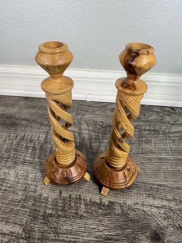 Vintage Wooden Twisted Handmade Candlesticks Hand Carved Sculpture Of Woman LOT - Picture 10 of 16