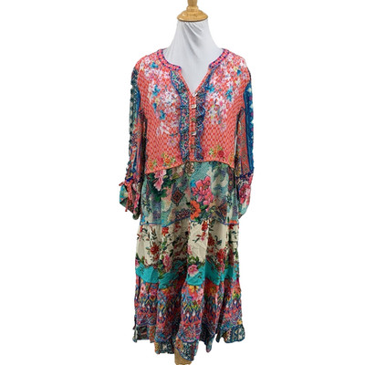 John Mark Dress Women M Medium Spring Fling Embroidered VNeck Tie Sleeve Flounce