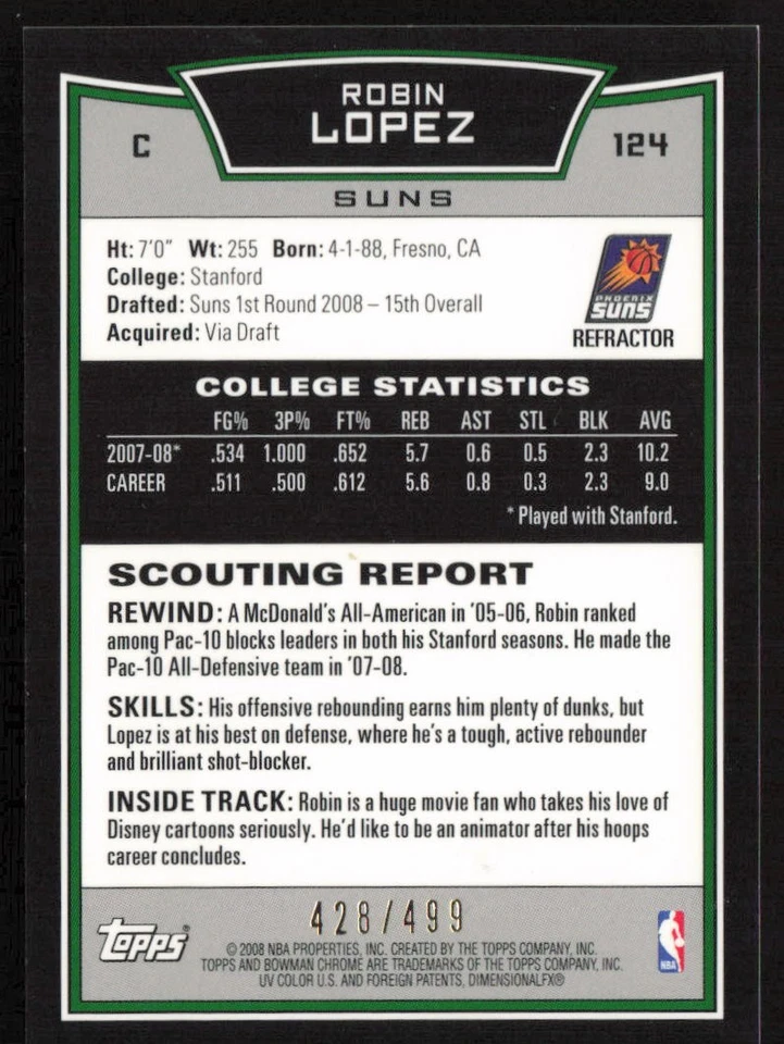 2008-09 Bowman Chrome Refractors #/499 Robin Lopez #124 Rookie Suns Foto 2 de 2