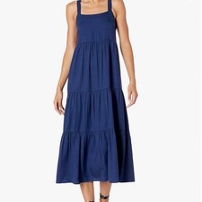 The Drop Navy Blue Tiered Midi Sundress Square Neck Adjustable Straps Women's M