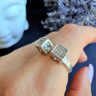Vintage 925 Sterling Silber offener Bypass Ring CZ Würfel geometrisch verstellbar Größe 7