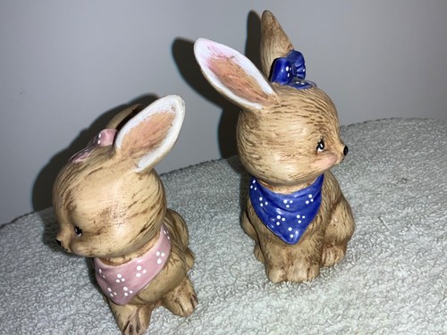 2 Ceramic Bunny Rabbits with Bows & Scarfs- Pink & Blue - Picture 3 of 7