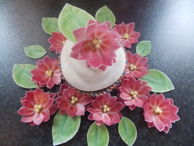 34 Stück 3D Essbar Rosa Blume und Blätter Oblate Papier Kuchen/Cupcake Topper (c)