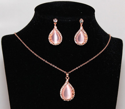 Schmuckset Damen Kette, Ohrringe mit Opal rosa Tropfen Rose-Gold