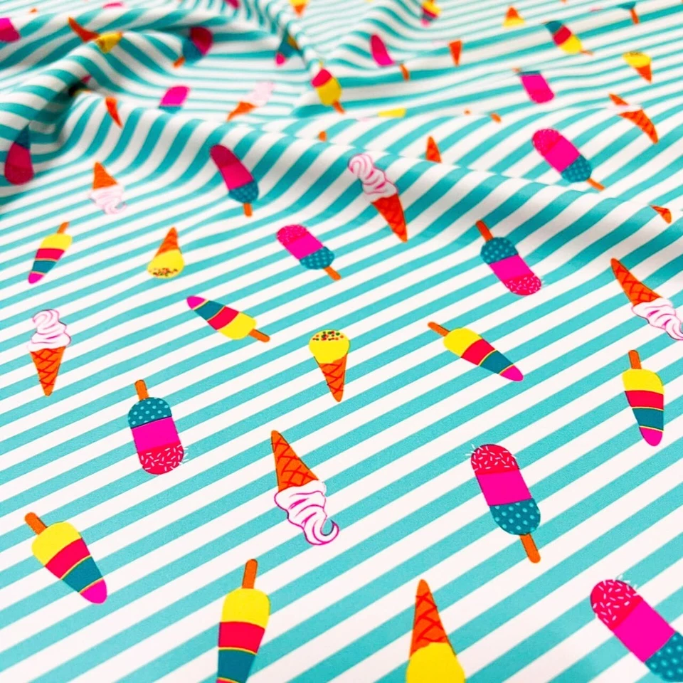 Traje de baño elástico de tela de spandex helado y rayas azules y blancas por yarda Foto 3 de 4