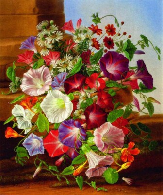 Oil painting Adelheid-Dietrich-Still-Life-of spring plants Flowers morning glory