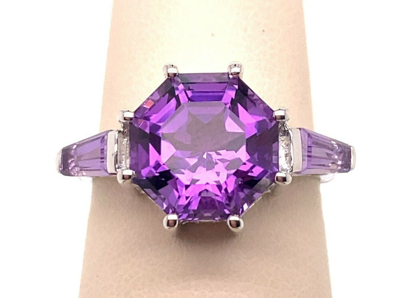 Fara Sterling Silver Genuine Amethyst Cocktail Ring Size 7 Baguette Accents