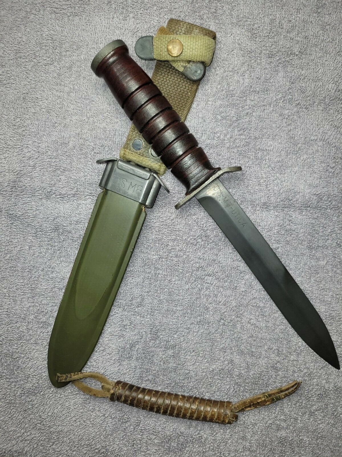 WWII U.S. M3 Utica Fighting Knife (Blade Marked) & M8 Beckwith Scabbard