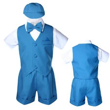 5pc New Born Boy Toddler Teal Green Eton Vest Shorts Outfits Hat Set Formal S-4T