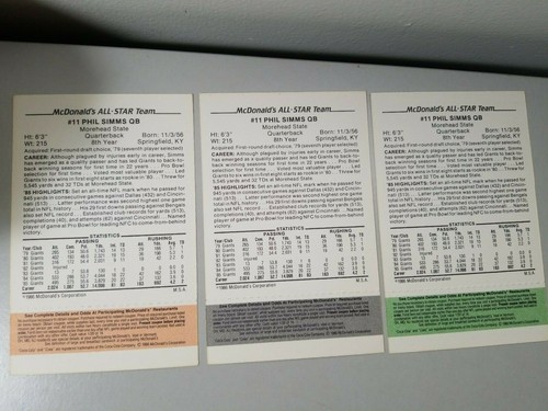 1986 McDonald's All-Star Team Phil Simms Gold,Black,Green 3 card set NY Giants - Bild 5 von 5