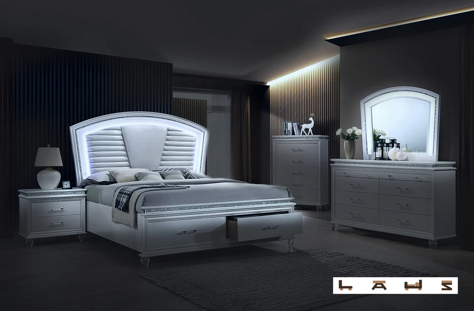 NEW 5PC Modern LED Queen King Bedroom Pearl White Furniture Set Bed/D/M/N/C - Image 2 of 4