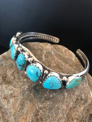 Native Turquoise Navajo Sterling Silver 7 Stone Bracelet Platero 08309