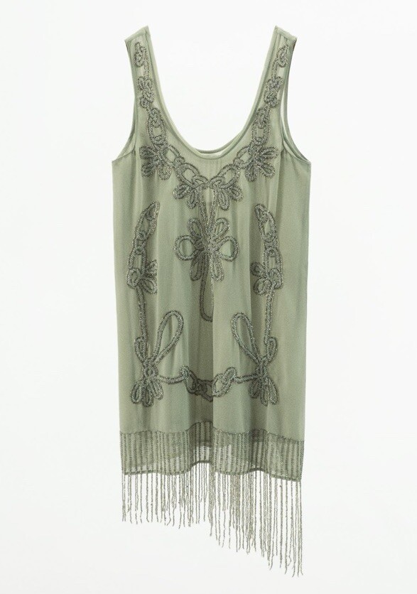 ZARA SS24 NWT Fringed Beaded Dress Sea Green $169 Size M
