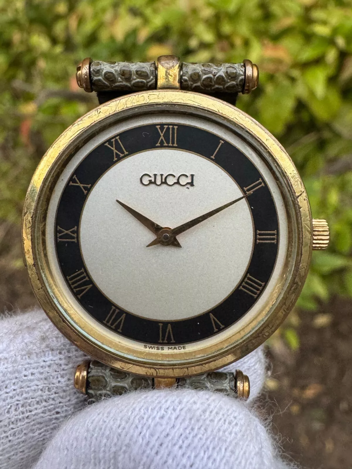 Montre vintage homme GUCCI 2000M ligne Sherry vert et or quartz 30 mm