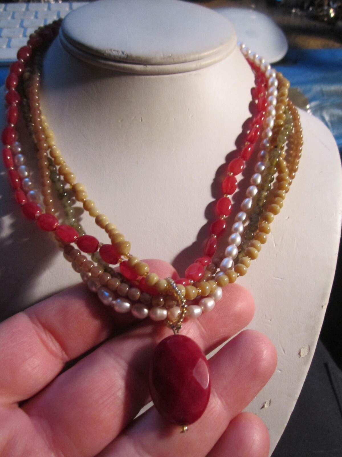 RUBY PEARL AND OTHER GEMSTONE BEADED NECKLACE 17"… - image 2