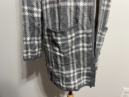 French Connection Open Tunic Cardigan Sweater Gray White & Pink Plaid Size L - Picture 12 of 17