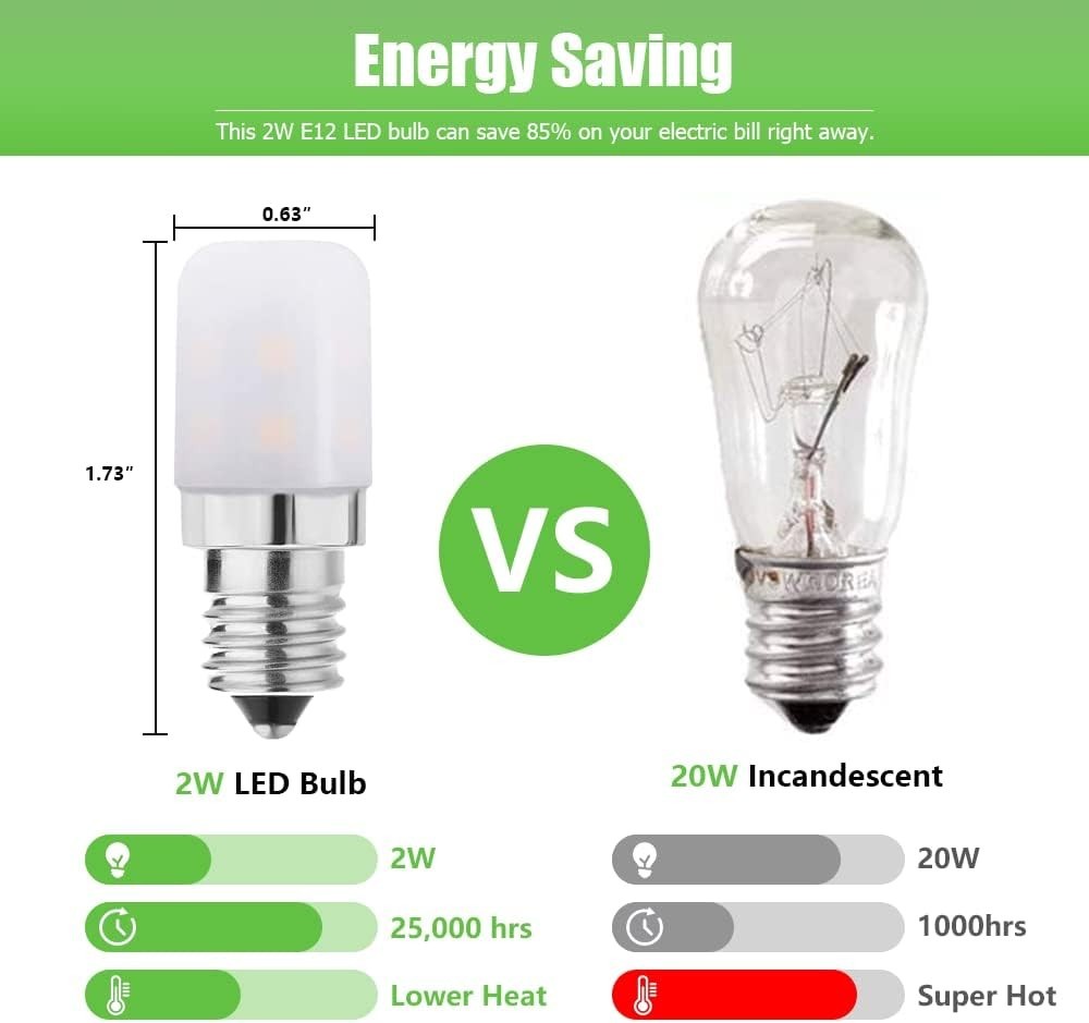 LED Bulbs 2W Warm White E12 Candelabra Base Night Light Refrigerator Dryer