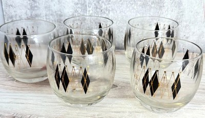 Federal Glass MCM Gold Black Atomic Harlequin Roly Poly Low Ball Glasses