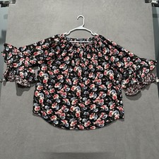 Chaps Ralph Lauren Blouse Womens 1X Plus Sheer Floral Bell Sleeve Keyhole Neck