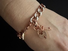 FOSSIL Crystal Lock & Key Rose Gold Tone White Enamel Charm Bracelet - Discolour