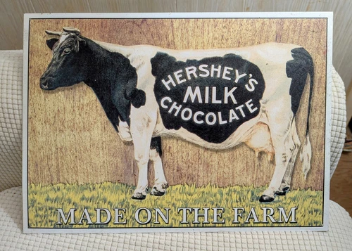 Vintage Hershey's Milk Chocolate  "Made On the Farm" Cow Tin Sign 12x16” USA