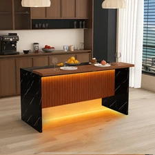 63" Modern Kitchen Island w Marble-Look Surface LED Light & Grille Design Black