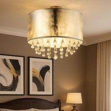 Lampadario classico con cristalli color ambra e 6 luci con paralume in