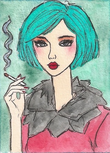 smoking WOMAN portrait ACEO Original watercolor & ink