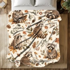 Autumn Raccoon Coral Fleece Blanket Woodland Fall Animal Decor