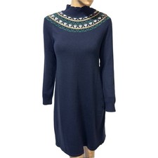 Talbots Fair Isle Navy Sweater Dress Knit Knee Length Mock Neck Size S Small NWT