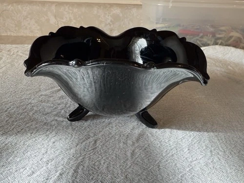 L.E. SMITH Glass Black Amethyst 3 footed Bowl Candy Art Deco 1920s Depression