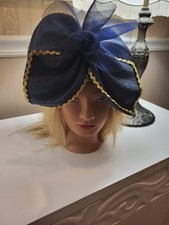 Vtg. Arlington Fascinator Hat In NAVY BLUE WITH GOLD ACCENTS, ONE SIZE